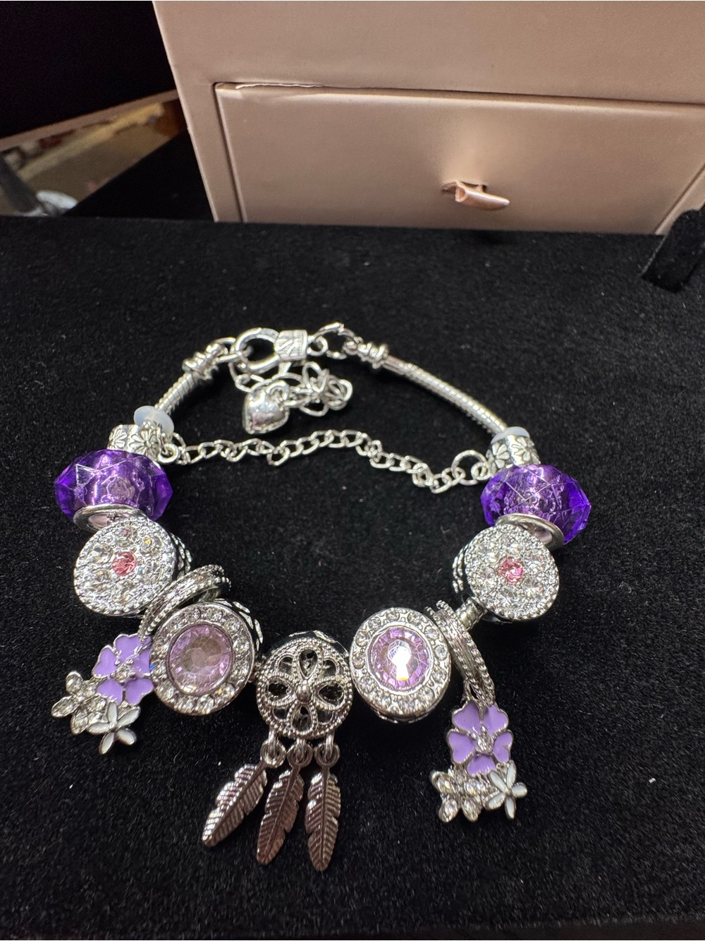 Silver-tone Purple Charm Bracelet with Crystal Accents
